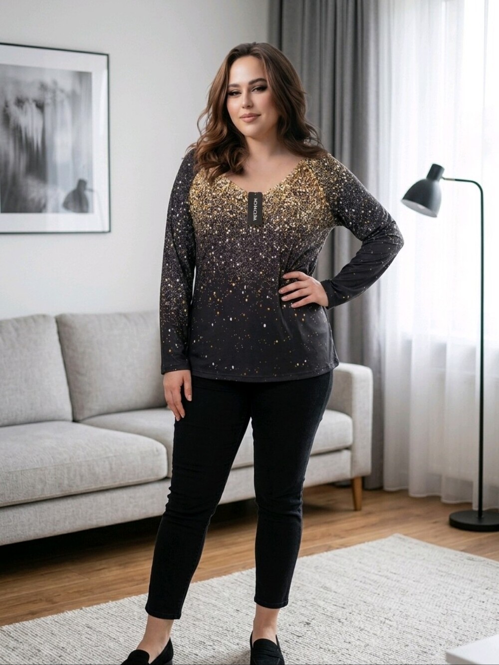 Noracora Long Sleeve V Neck Ombre Patterned Black Shirt